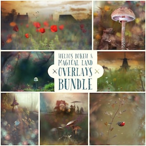 May include: A digital collage of images with a whimsical, magical theme. The images include a field of red poppies, a mushroom with a ladybug, a house with a windmill, and a forest with glowing mushrooms. The text "Helios Bokeh & Magical Land Overlays Bundle" is displayed in the center of the collage.