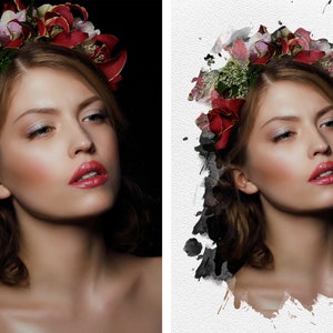 May include: A woman with long brown hair wearing a crown of red and white flowers. The background is black on the left and a watercolor effect on the right.