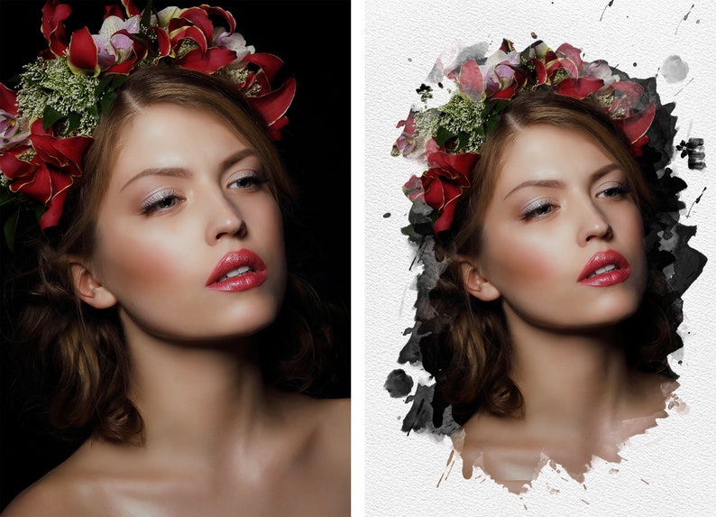 May include: A woman with long brown hair wearing a crown of red and white flowers. The background is black on the left and a watercolor effect on the right.
