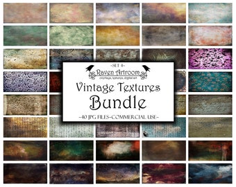 Op de afbeelding: Een digitale download van 40 vintage texturen in een bundel. De texturen zijn in verschillende kleuren en patronen, waaronder bruin, groen, blauw en paars. De texturen zijn perfect om een vintage gevoel aan je digitale projecten toe te voegen.