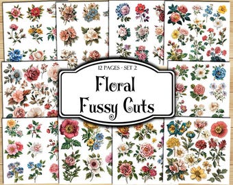 Floral Fussy Cuts, Digital Stickers, Printable Stickers, Ephemera, Junk Journal Kit, Scrapbook Supplies, Collage Sheets, Paper Craft