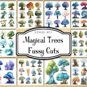 Magical Trees Fussy Cuts, Digital Stickers, Printable Stickers, Ephemera, Junk Journal Kit, Scrapbook Supplies, Collage Sheets, Paper Craft