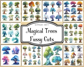 Magical Trees Fussy Cuts, Digital Stickers, Printable Stickers, Ephemera, Junk Journal Kit, Scrapbook Supplies, Collage Sheets, Paper Craft