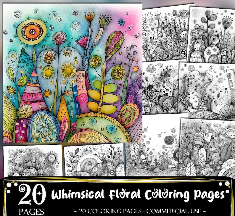 Whimsical Floral Printable Coloring Pages, Adults and Kids Coloring ...