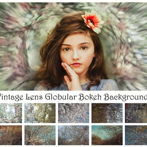 May include: A young girl with long brown hair and a flower in her hair is looking at the camera. The background is a blurred image of trees and leaves. The text "~Vintage Lens Globular Bokeh Backgrounds~" is at the bottom of the image.