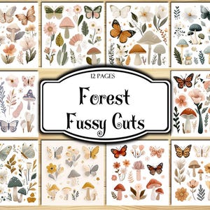 Forest Fussy Cuts, pegatinas digitales, pegatinas imprimibles, material efímero, kit para diario basura, materiales para álbumes de recortes, hojas de collage, técnicas mixtas, manualidades