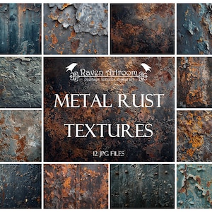 May include: A collection of 12 JPG files featuring metal rust textures. The textures display various shades of brown, orange, and blue, with peeling paint and weathered surfaces. The text "METAL RUST TEXTURES" is displayed in white.