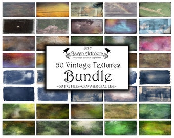 Op de afbeelding: Een digitaal kunstpakket met 50 vintage texturen, met een verscheidenheid aan kleuren en patronen. Het pakket bevat 50 JPG-bestanden voor commercieel gebruik.  SET 7 Raven Artroom overlays, textures, digital art 50 Vintage Textures Bundle -50 JPG FILES-COMMERCIAL USE-