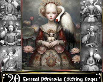 May include: A collection of surreal portrait coloring pages. The central image features a woman with a white crane, holding a doll. Surrounding images are black and white portraits of women with cranes. The text reads "20 Surreal portraits Coloring Pages".