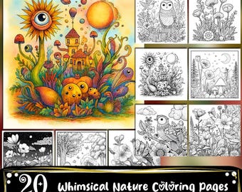 Whimsical Nature Coloring Pages, Adults and Kids Coloring Book, Coloring Sheets, Digital Download
