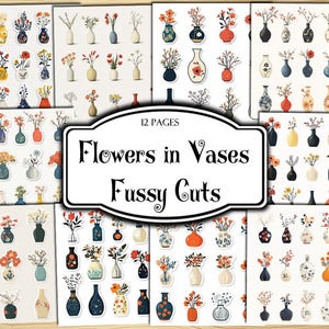 Flowers in Vases Fussy Cuts, Digital Stickers, Printable Stickers, Ephemera, Junk Journal Kit, Scrapbook Supplies, Collage Sheets