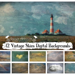 12 Vintage Skies Backgrounds, Overlays, Photoshop Textures, Digital Paper, Digital Scrapbooking, Fine Art Textures, Digital Backdrop, Craft