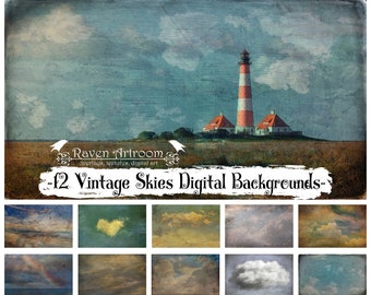 12 Vintage Skies Backgrounds, Overlays, Photoshop Textures, Digital Paper, Digital Scrapbooking, Fine Art Textures, Digital Backdrop, Craft