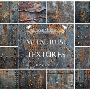 Peut inclure: Un collage de textures métalliques rouillées et écaillées, dans des tons de bleu, marron et orange. Le texte "METAL RUST TEXTURES" est affiché en blanc. L'image est intitulée "12 JPG FILES - SET 2".
