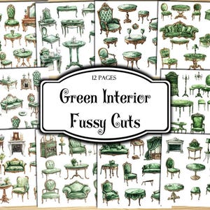 Green Interior Fussy Cuts, Digital Stickers, Printable Stickers, Printable Ephemera, Junk Journal Kit, Scrapbook Supplies, Collage Sheets