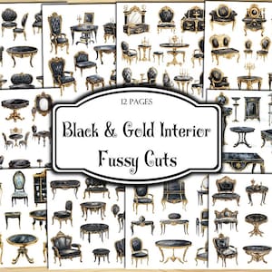 Black & Gold Interior Fussy Cuts, Digital Stickers, Printable Stickers, Ephemera, Junk Journal Kit, Scrapbook Supplies, Collage Sheets