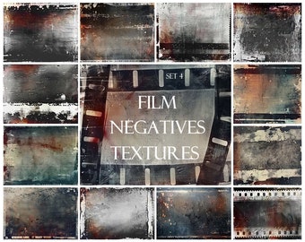 May include: Set of 12 grunge film negative textures. The textures are in various shades of gray, brown, and black with visible film grain and scratches. The text "FILM NEGATIVES TEXTURES SET 4" is visible in the center of the image.