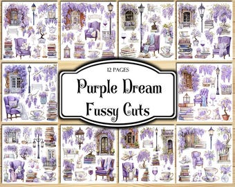 Purple Dream Fussy Cuts, Digital Stickers, Printable Stickers, Ephemera, Junk Journal Kit, Scrapbook Supplies, Collage Sheets, Paper Craft