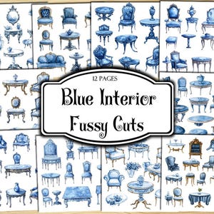 Blue Interior Fussy Cuts, Digital Stickers, Printable Stickers, Ephemera, Junk Journal Kit, Scrapbook Supplies, Collage Sheets, Paper Craft