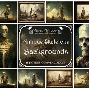 Puede incluir: Un collage de arte digital de 15 fondos de esqueletos antiguos. Los esqueletos se representan en varias poses y escenarios, incluyendo un esqueleto montando una bicicleta, un esqueleto de pie en un campo y un esqueleto sentado en un trono. Los fondos son todos oscuros y misteriosos, con una sensación de misterio e intriga.