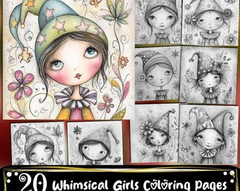 Whimsical Girls Printable Coloring Pages, Adults and Kids Coloring Book, Coloring Sheets, Digital Download