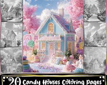 Könnte beinhalten: Ein digitaler Kunstdruck mit einem skurrilen Bonbonhaus in Pastellfarben. Das Haus ist hellblau mit rosa und weißen Akzenten, umgeben von übergroßen Lollis und Süßigkeiten. Der Text "20 Candy Houses Coloring pages" ist enthalten.