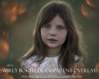 Może przedstawiać: Portret młodej dziewczyny z długimi brązowymi włosami i niebieskimi oczami. Obraz ma miękkie ustawienie ostrości z efektami bokeh w tle. Tekst na dole brzmi "SWIRLY BOKEH TRANSPARENT OVERLAYS - PNG FILES - HIGH RESOLUTION - COMMERCIAL USE".