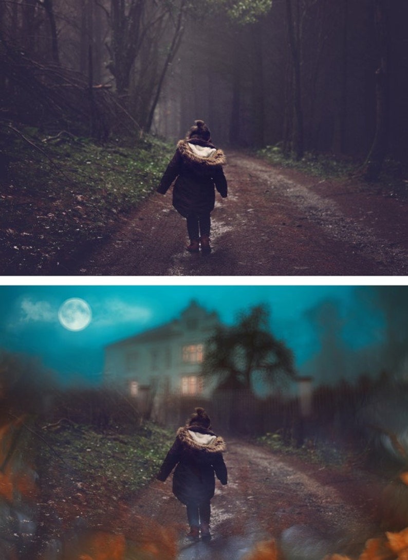 May include: A person walks down a path in a dark, foggy forest. The path leads to a house in the distance, illuminated by a full moon.