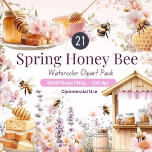 Puede incluir: Un paquete de clipart de acuarela con 21 imágenes de abejas de miel de primavera, panales, flores y tarros de miel. Las imágenes son perfectas para crear diseños digitales o impresos.