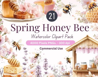Honey Bee Watercolor Clipart: Spring Floral PNG Bundle (Digital Download)