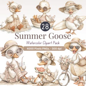 Watercolor Summer Goose Clipart: 28 Beach Animal PNGs (Commercial Use, 4000px 300 DPI)