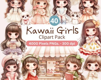 40 Vintage Kawaii Girls Clipart: Chibi PNGs, Pets, Houses (Digital Download)