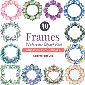 24 cadres floraux aquarelles PNG Clipart | Bordures de couronnes botaniques | 4000 pixels 300 ppp | Utilisation commerciale | Scrapbooking et art de mariage