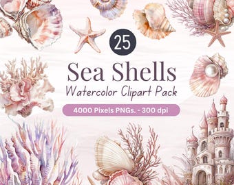 May include: Watercolor clipart pack featuring 25 sea shells, starfish, and coral in shades of pink, beige, and purple. The image includes a castle illustration and the text "Sea Shells Watercolor Clipart Pack".