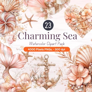 Charmante zee aquarel clipart | 23 oceaan-png's | Zeemeerminstaart, schelpen, zeester, anker | 4000 px 300 dpi | Commercieel gebruik
