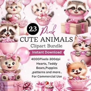 Lot de 23 cliparts animaux roses, adorables coeurs, ballons, gâteaux, ours en peluche, chiots, chats, 4000 px 300 dpi | Parfait pour les cartes et les travaux manuels