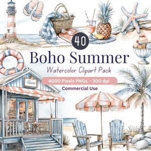 Clipart de aquarela de verão boho | 40 PNGs de praia | Arte de férias tropicais costeiras | Convite de casamento e identidade visual | Uso comercial