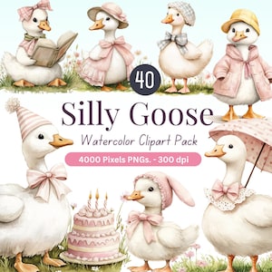 40 cliparts aquarelle Silly Goose | Oies mignonnes PNG | Vintage Cottagecore Party | Anniversaire de printemps, baby shower, oeuvre d'art pour chambre d'enfant, scrapbooking