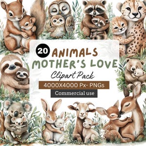 Lot de 20 cliparts aquarelle animaux amour maternel - 4000 x 4000 px Téléchargement instantané PNG transparents à usage commercial - écureuil, hibou, cerf, raton laveur