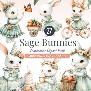 27 Frühlingshase Clipart, Aquarell Cottagecore PNG, Salbeigrüner Hase, Blumenkranz, Torte, Blumen Clip Art, 4000px 300DPI PNGs