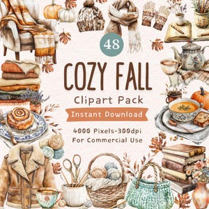 48 gemütliche Herbst Clipart - Herbst Elemente, Kürbis, Hobbys, Stricken, Planer, Selbstfürsorge, Herbst, Herbst, warm, 300 Dpi png, kommerzielle Nutzung