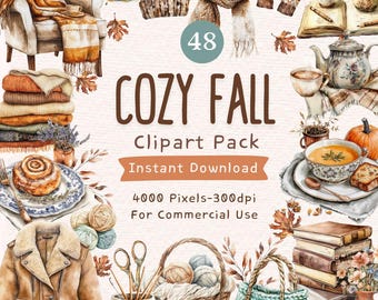 May include: A set of 48 watercolor illustrations featuring cozy fall elements, including pumpkins, a knitted scarf, a mug of hot soup, a book, a teapot, a knitted bag, yarn, and a pair of mittens. The illustrations are perfect for creating fall-themed designs, cards, and crafts.
