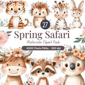 27 Clipart aquarelle Safari printanier | Ensemble PNG bébés animaux | Guirlande florale de ballons | Art pour chambre d'enfant | Décoration safari baby shower, bois