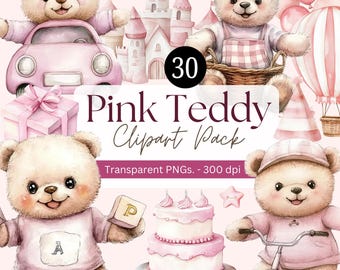 30 Aquarell rosa Teddy Bär Clipart: Baby Party PNGs (digitaler Download)