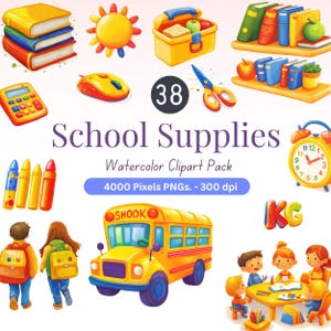 38 Schulbedarf Aquarell Clipart | Zurück zu Schule PNG Bündel | Niedliche Klassenzimmer-Elemente | Lehrer für Kinder Grafik | 4000px 300dpi