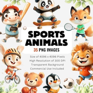 35 sportdieren aquarel clipart, png 300 dpi 4000px kinderdagverblijf decor, safarisporten, perfect voor ambachten, uitnodigingen, decor, instant download