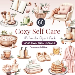 Cozy Self Care Watercolor Clipart | Spa PNG Bundle | Bath Relaxation Aesthetic | Wellness Stickers | 60 PNGs | Commercial Use