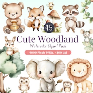 45 süße Waldtiere Aquarell Clipart PNG 4000 pixel 300DPI, perfekt für Kinderzimmer Dekor, Einladungen, Karten und Kunsthandwerk, Sofort-Download