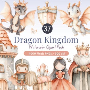 37 Dragon Kingdom Aquarell Clipart Bundle -4000 px PNGs | Süßer Drache, Burg, Prinzessin, Ritter | Kinder Märchen-Szenen-Aufbau-Set