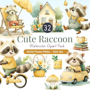 Cute Raccoon Watercolor Clipart Bundle, 32 Summer PNG Illustrations, Animal Art, Scrapbook, Stickers, Card Making, Commercial Use